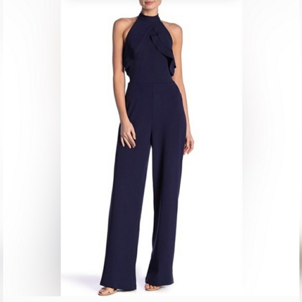 BEBE NAVY BLUE HIGH NECK HALTER RUFFLE OPEN BACK WIDE LEG JUMPSUIT SIZE 10